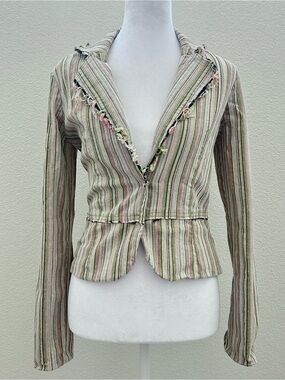 Forever 21 Striped Green & Pink Frayed-Trim Blazer